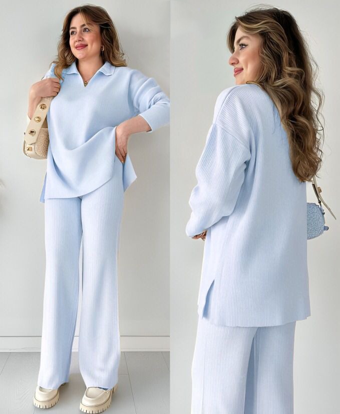 Indulge in stylish relaxation with our V-neck Split Knit Two-Piece Set