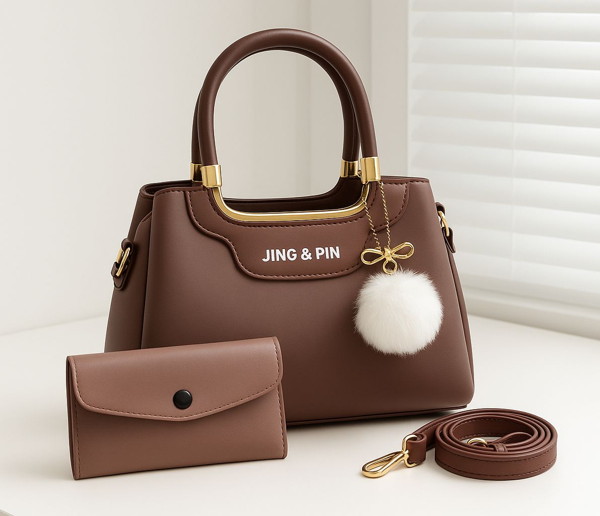 Jing & Pin Women's Handbag Set with Pouch and Detachable Strap.