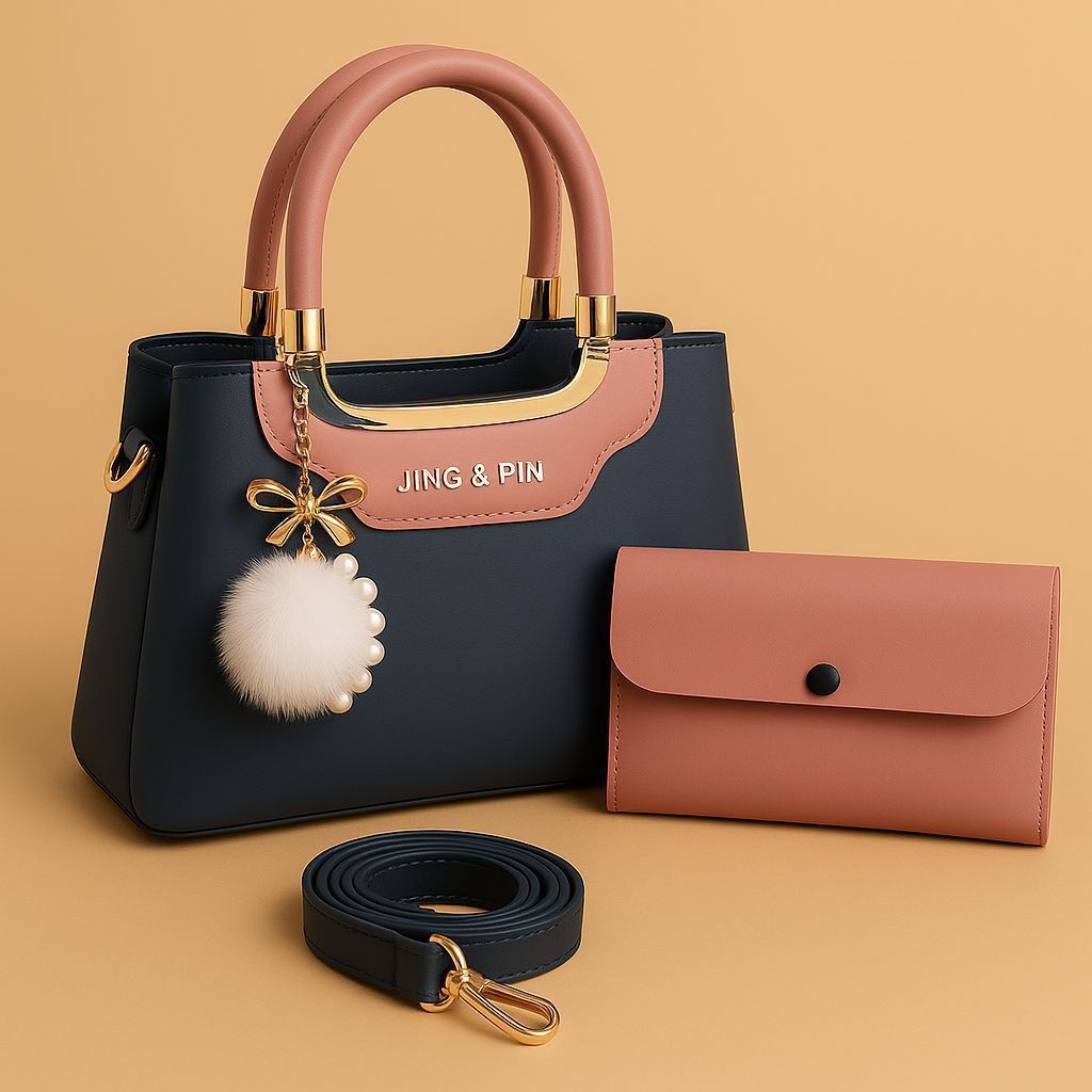 Jing & Pin Women's Handbag Set with Pouch and Detachable Strap.