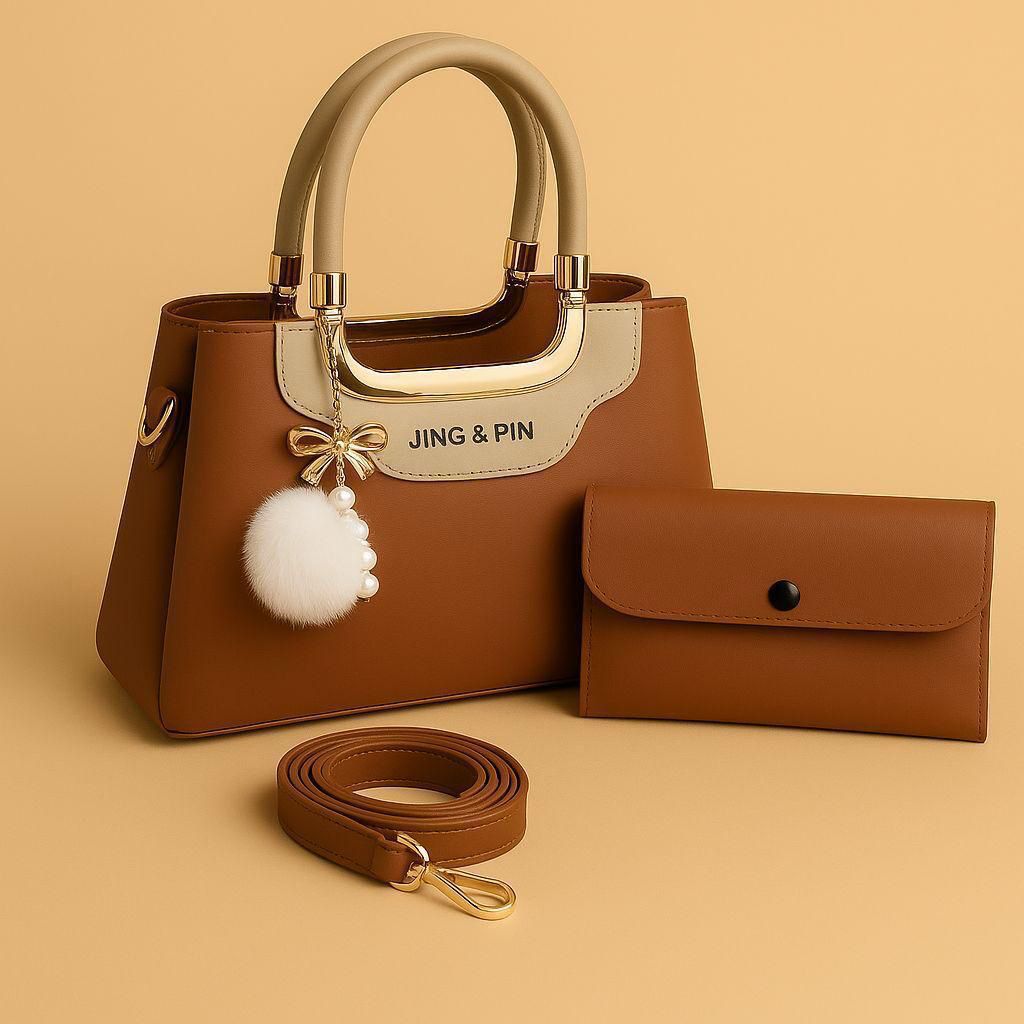 Jing & Pin Women's Handbag Set with Pouch and Detachable Strap.