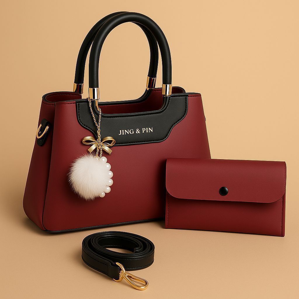 Jing & Pin Women's Handbag Set with Pouch and Detachable Strap.