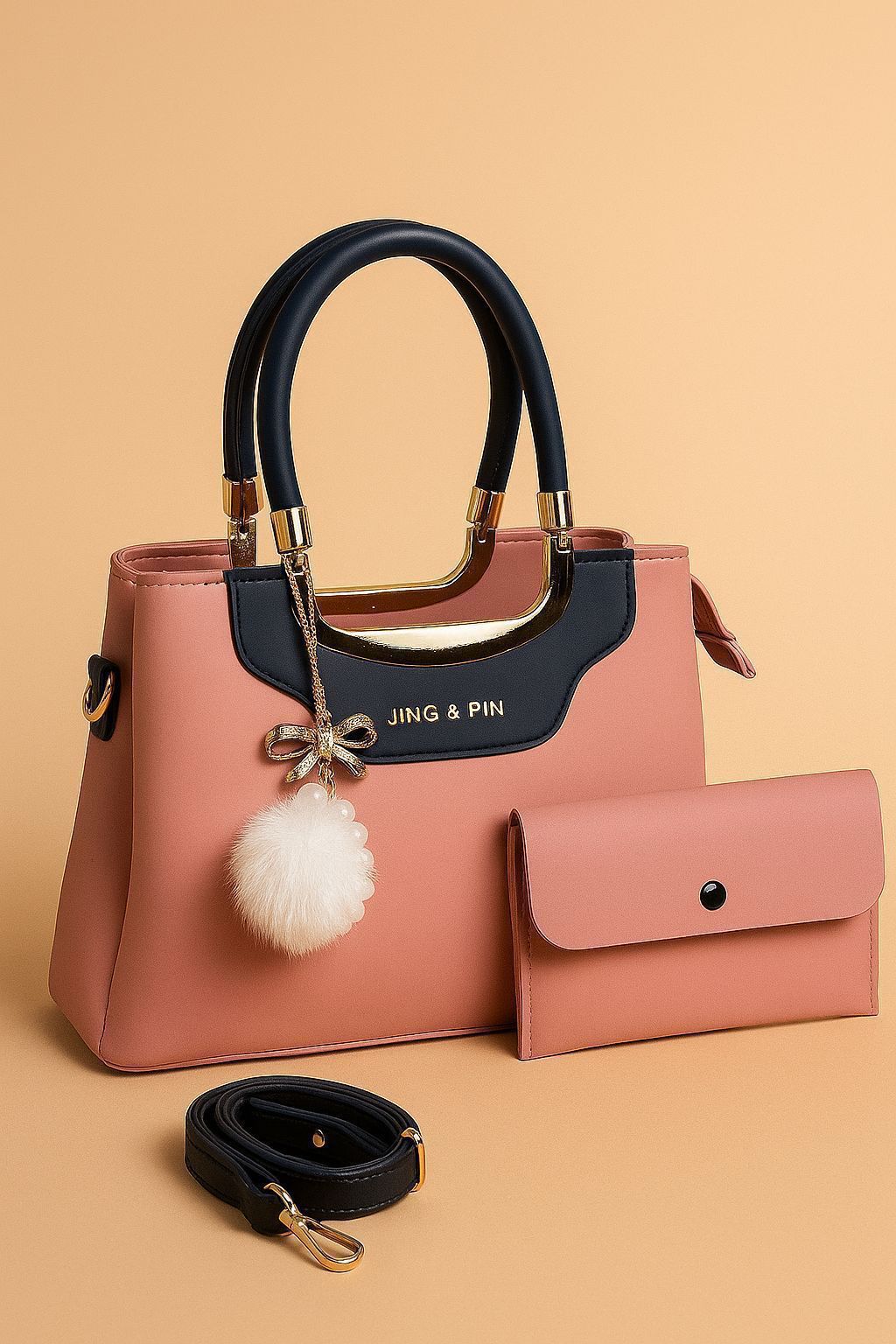 Jing & Pin Women's Handbag Set with Pouch and Detachable Strap.