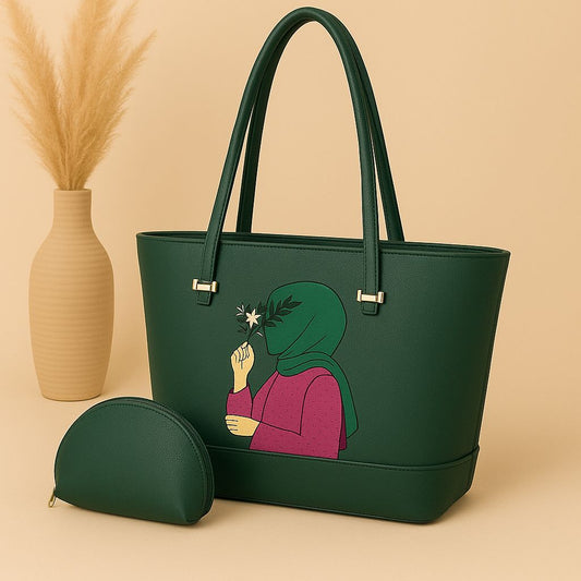 High Quality Cynthetic Leather Tote Bag With Hijab Girl  And Mini zipper Poich