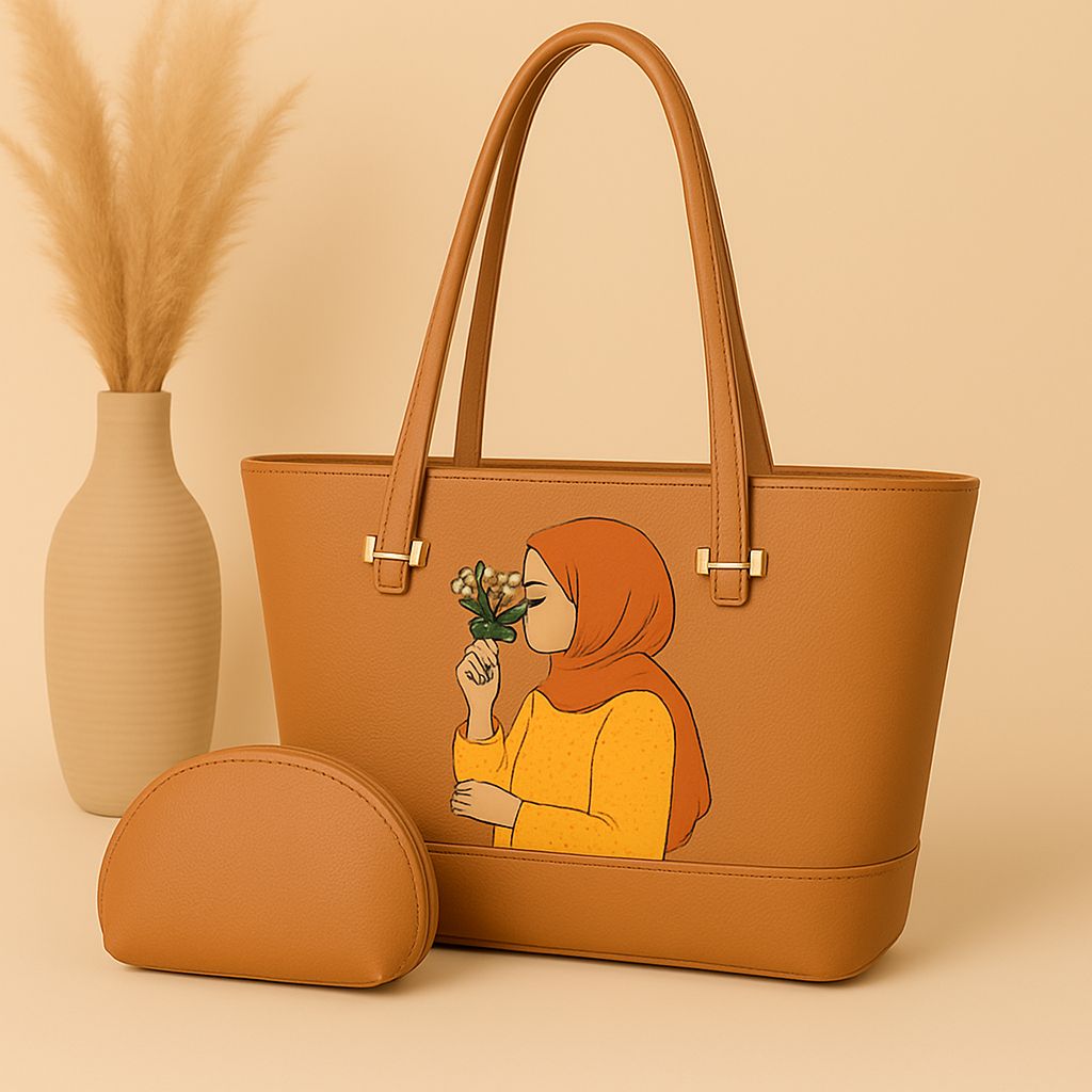 High Quality Cynthetic Leather Tote Bag With Hijab Girl  And Mini zipper Poich