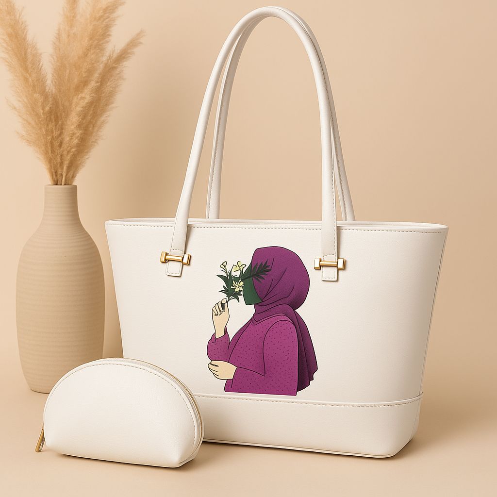 High Quality Cynthetic Leather Tote Bag With Hijab Girl  And Mini zipper Poich