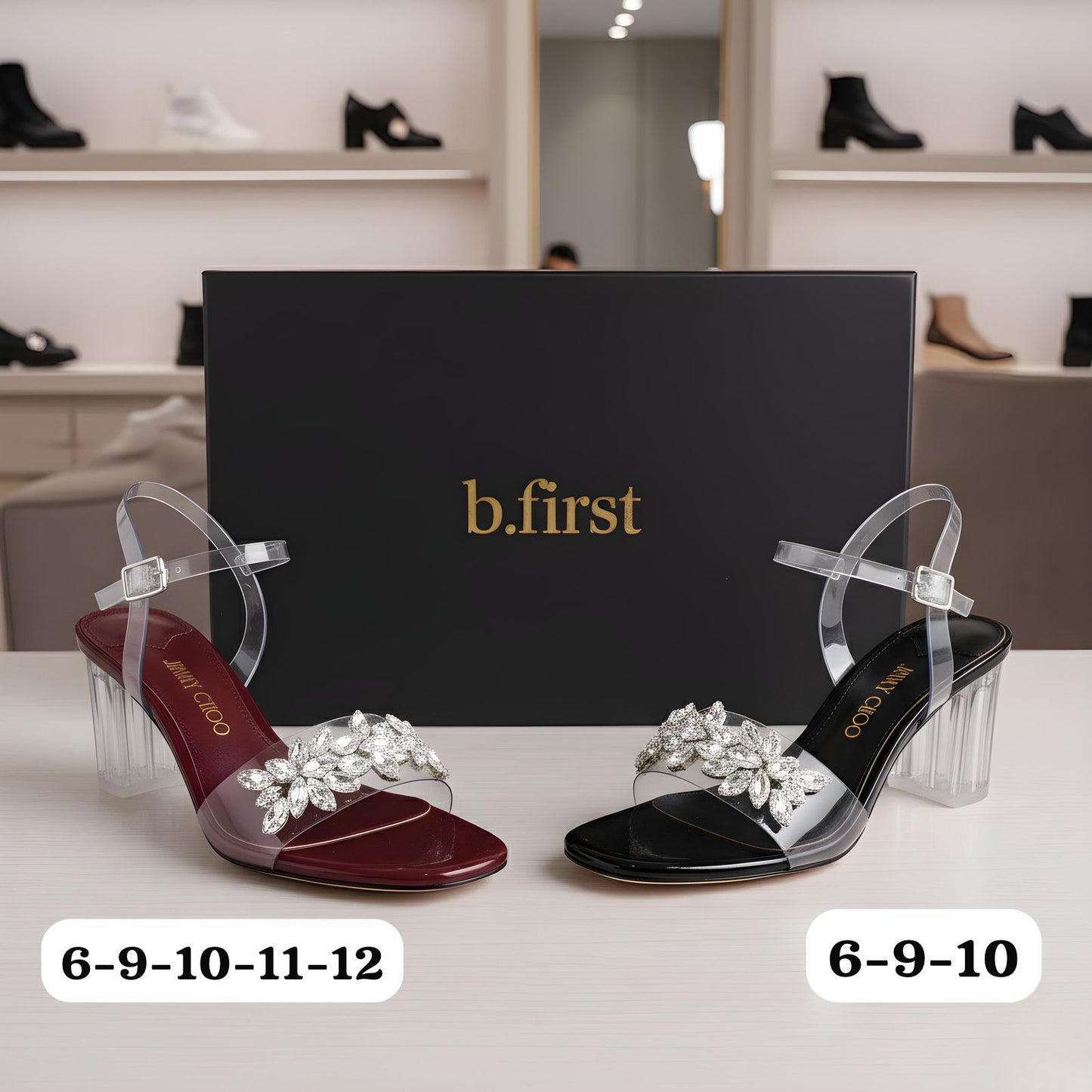 Premium Collection at B First 🎀 Jimmy Choo Fancy Heel For Girls 🎀  Black : 6-9-10   Maroon : 6-9-10-11-12