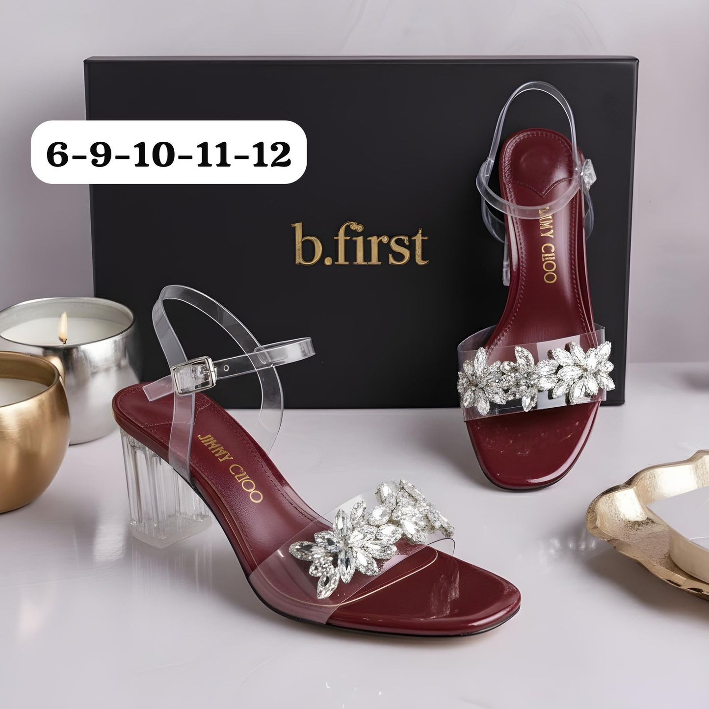 Premium Collection at B First 🎀 Jimmy Choo Fancy Heel For Girls 🎀  Black : 6-9-10   Maroon : 6-9-10-11-12