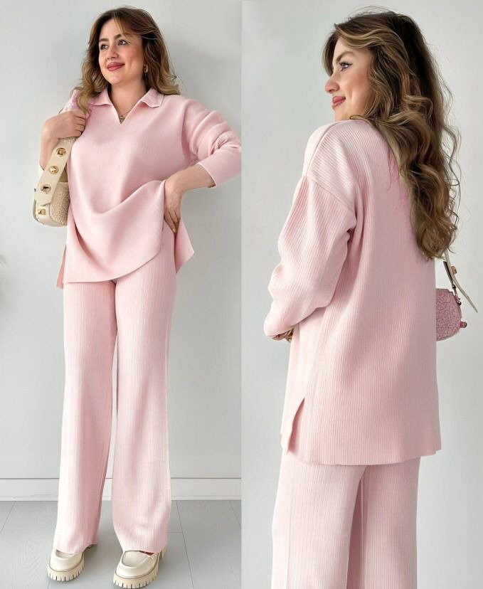 Indulge in stylish relaxation with our  V-neck Split Knit Two-Piece Set