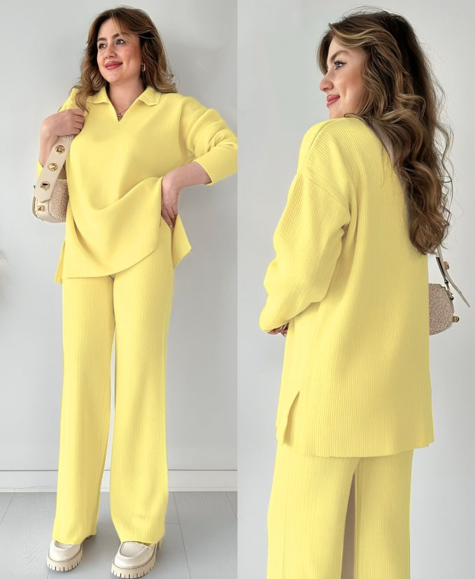 Indulge in stylish relaxation with our  V-neck Split Knit Two-Piece Set