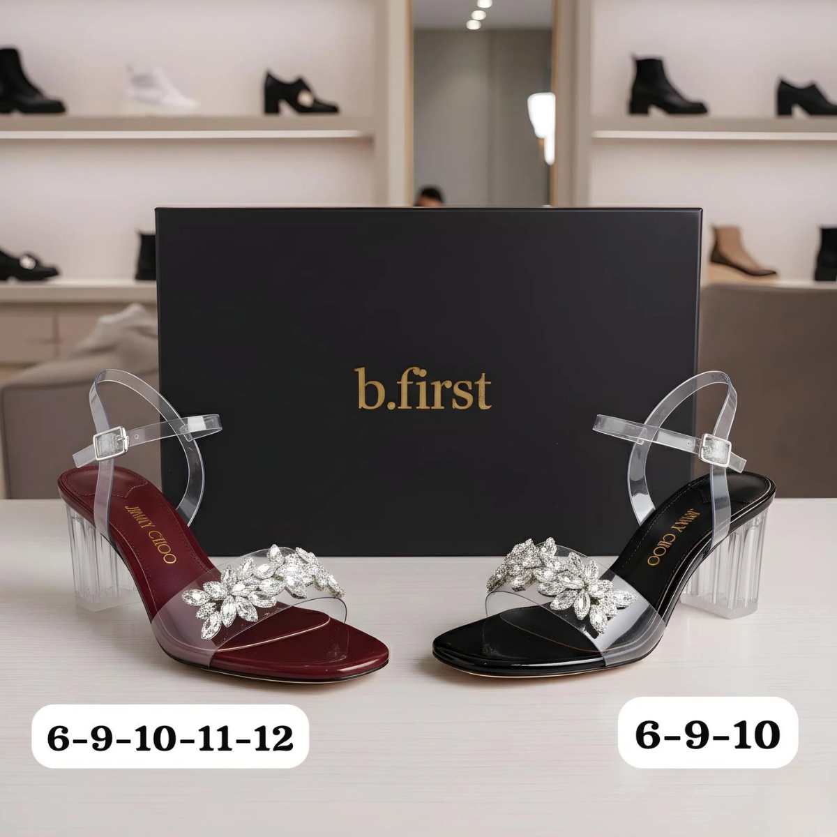 Premium Collection at B First 🎀 Jimmy Choo Fancy Heel For Girls 🎀  Black : 6-9-10   Maroon : 6-9-10-11-12