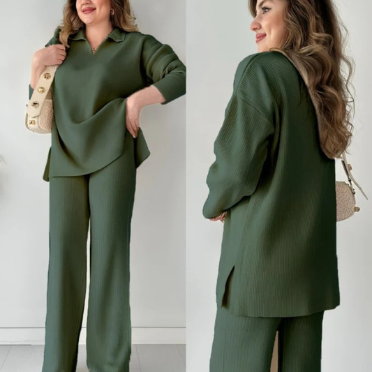 Indulge in stylish relaxation with our  V-neck Split Knit Two-Piece Set