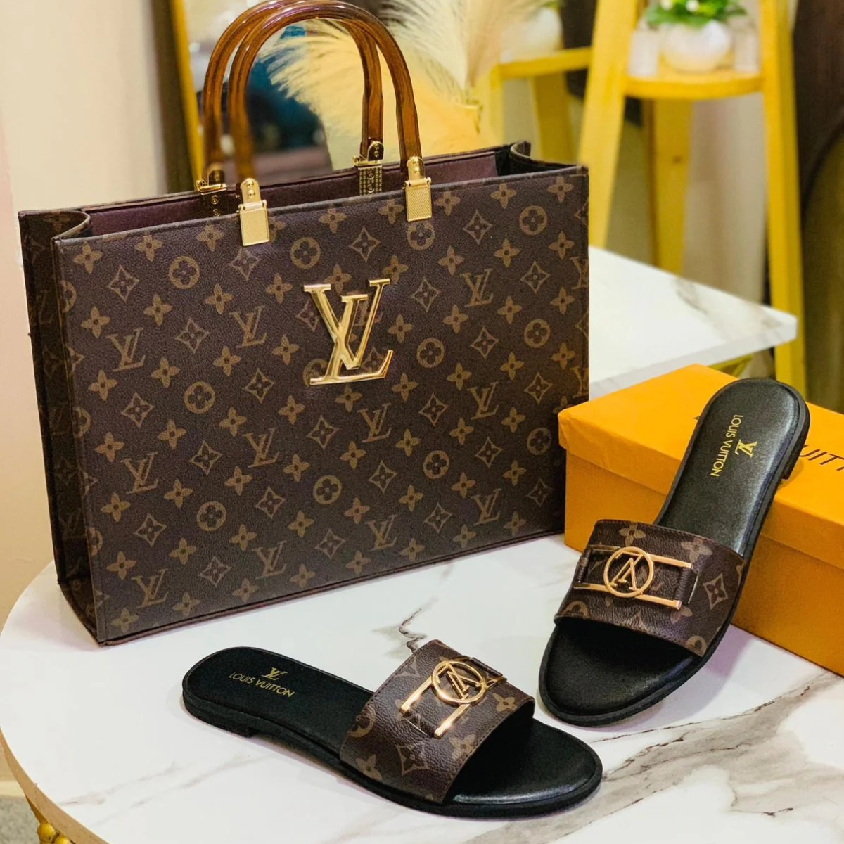 Combo Deal  Louis Vuitton LV Lock it Slipper + Louis Vuitton KV Hand Bag