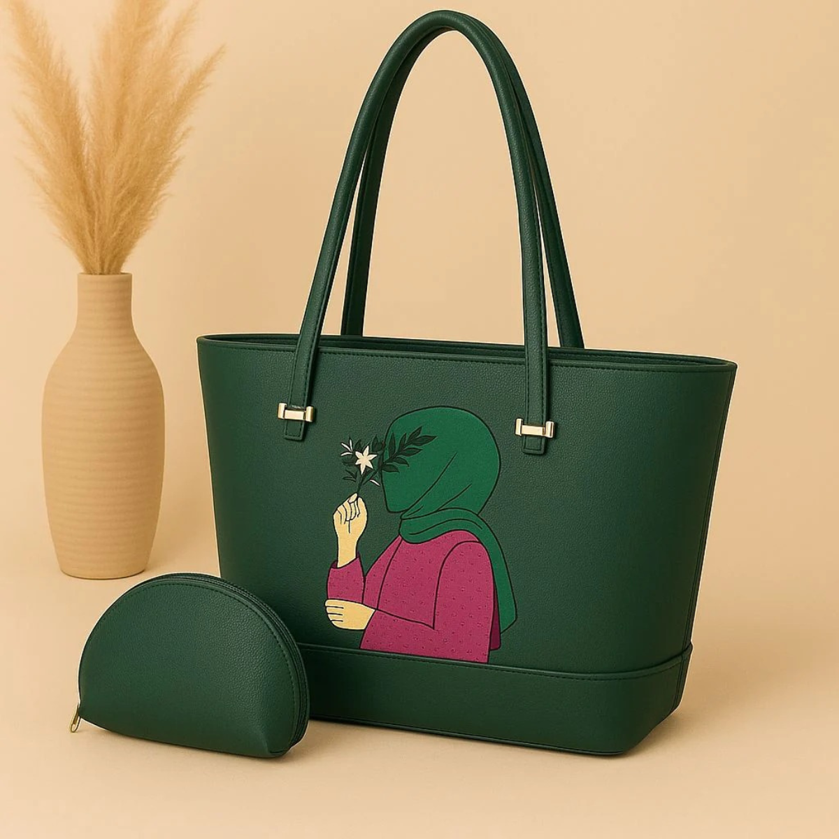 High Quality Cynthetic Leather Tote Bag With Hijab Girl  And Mini zipper Poich