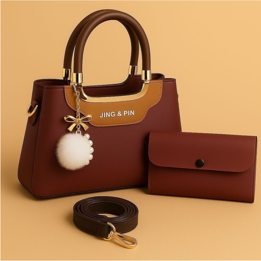 Jing & Pin Women's Handbag Set with Pouch and Detachable Strap.