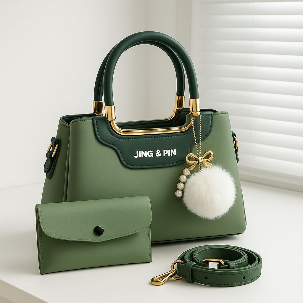 Jing & Pin Women's Handbag Set with Pouch and Detachable Strap.